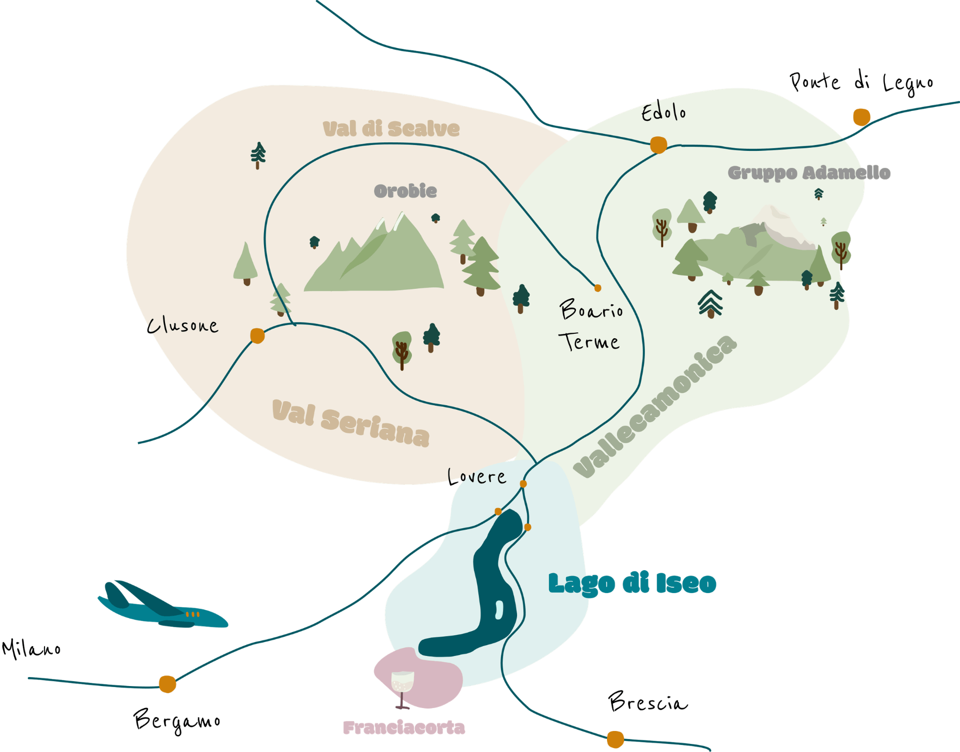 Mappa delle aree di attività: Val Seriana, Val di Scalve, Vallecamonica, Lago di Iseo